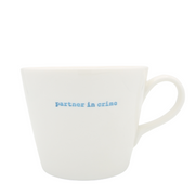 Keith Brymer Jones Word Range Medium Ceramic White Mug - partner in crime (blue) - 350ml